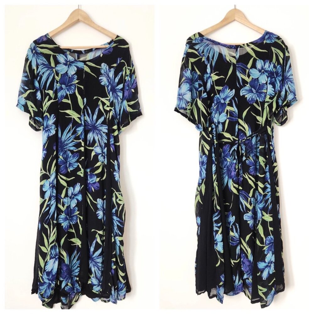 Vintage 90s‎ Black Floral Midi Dress Crinkle Fairy Grunge Blue Lola P Medium